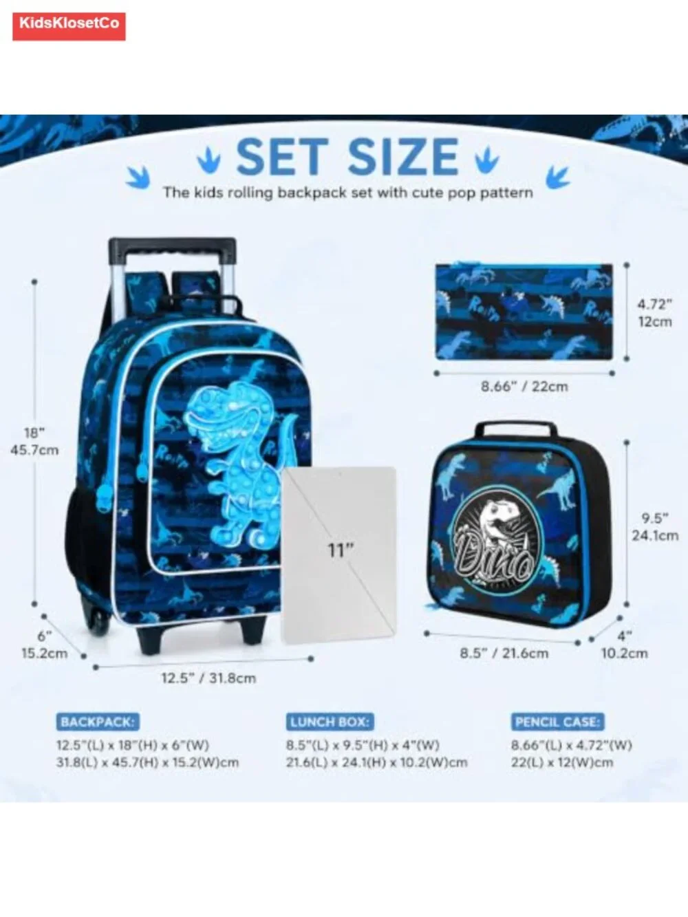 Rolling Backpack for Boys, Wheeled Bookbag with Lunch Box and Pencil Case, Kids